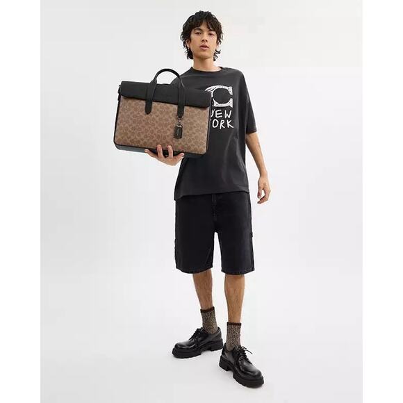 NWT Coach Sullivan Portfolio Brief In Signature Canvas cz402 tan Black - Picture 11 of 12